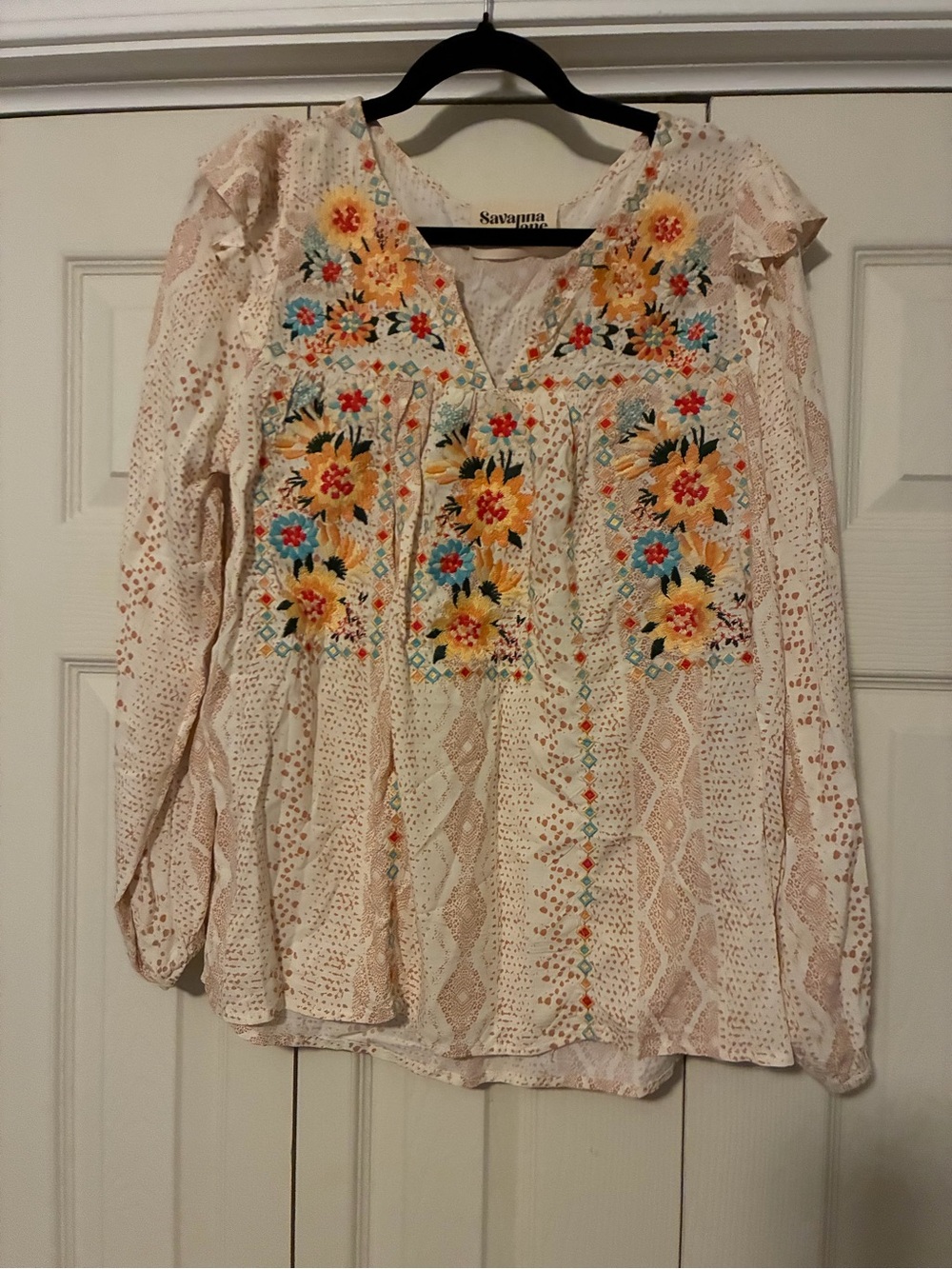 Savanna Jane Cream Embroidered Floral Peasant Blouse with Yellow & Blue Accents